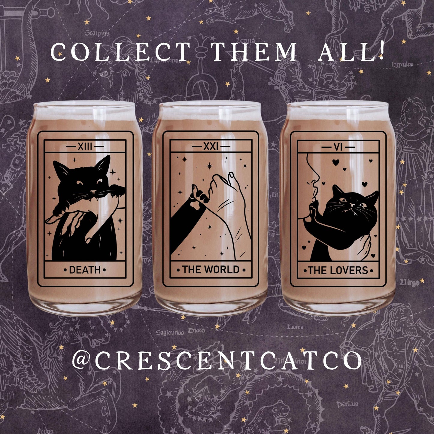 CrescentCatCo - The Lover Cat Lover Tarot Class | Witchy Cat Iced Coffee Glass | Beer can Glass with Lid and Straw | Cat Mom Gifts | Black Cat Tarot Card