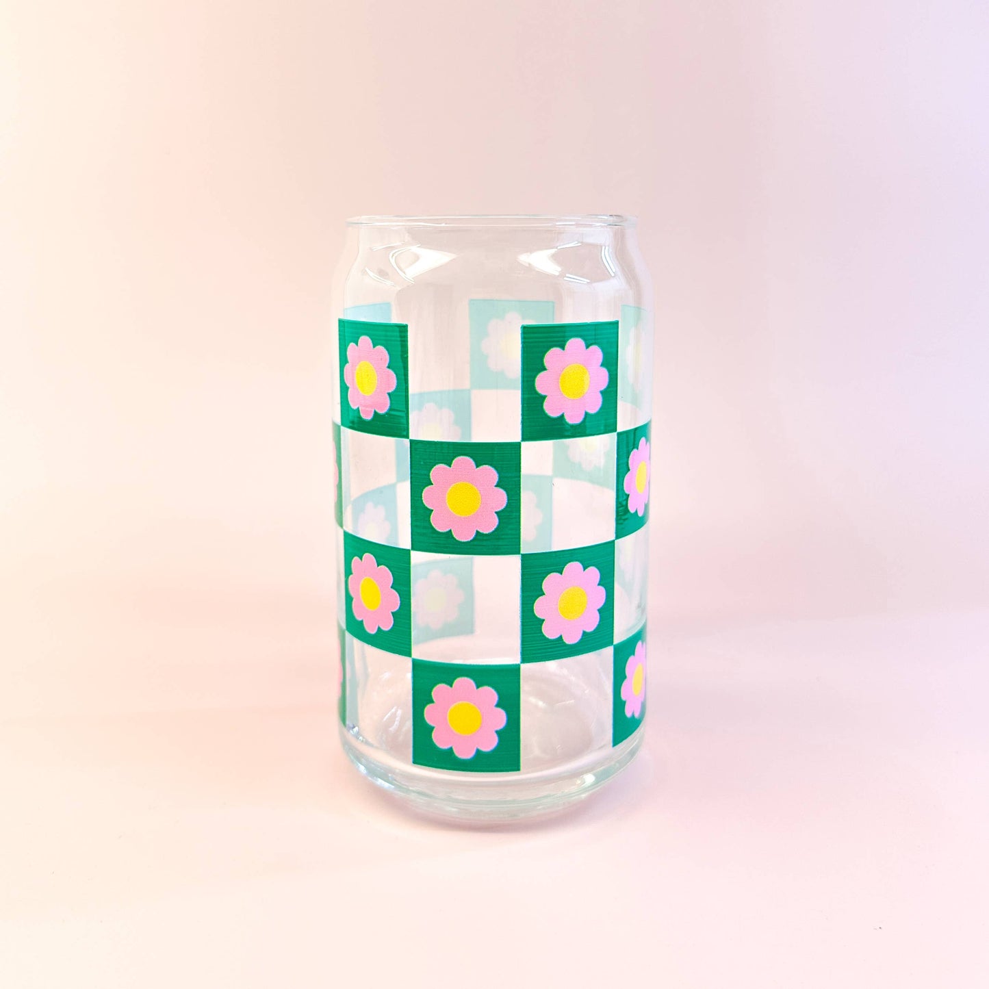 Oak Shore Collective LLC - Pink Checkered | Libbey Glass Beer Can Iced Coffee Glass The Secret Garden Bookery