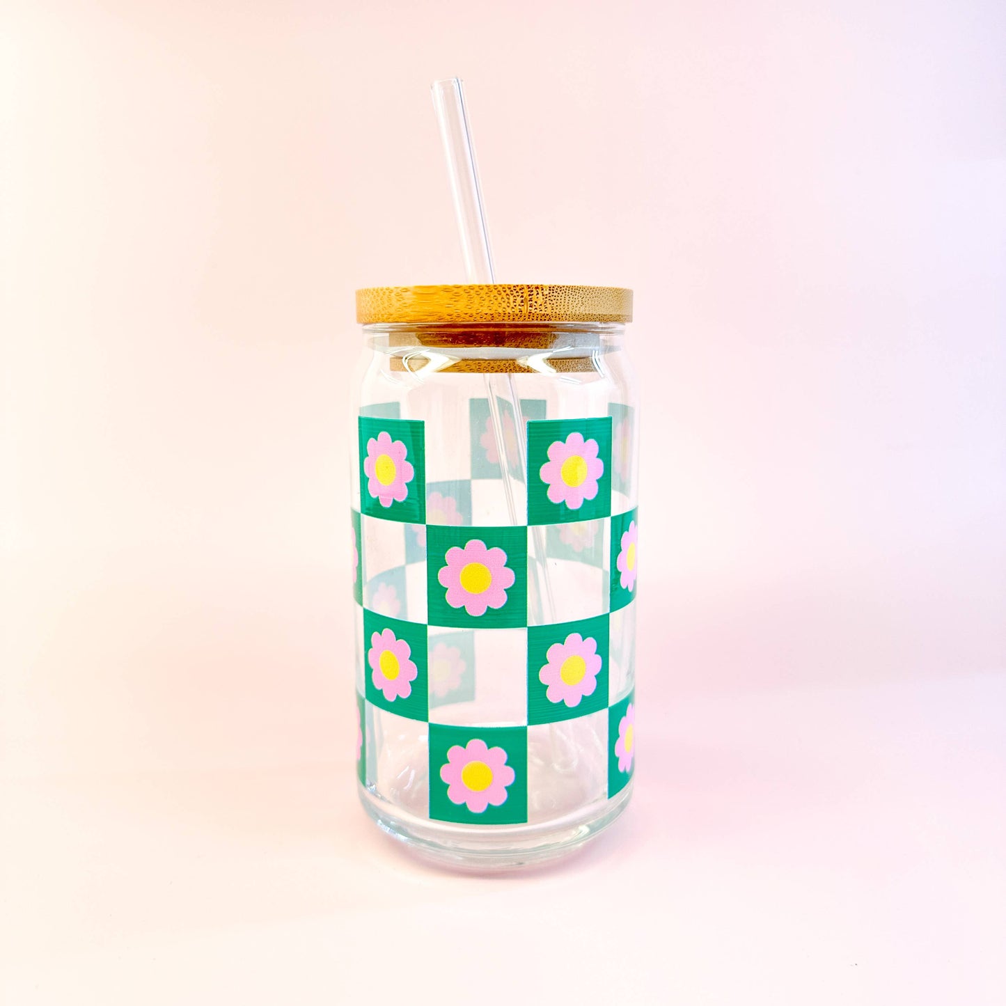 Oak Shore Collective LLC - Pink Checkered | Libbey Glass Beer Can Iced Coffee Glass The Secret Garden Bookery