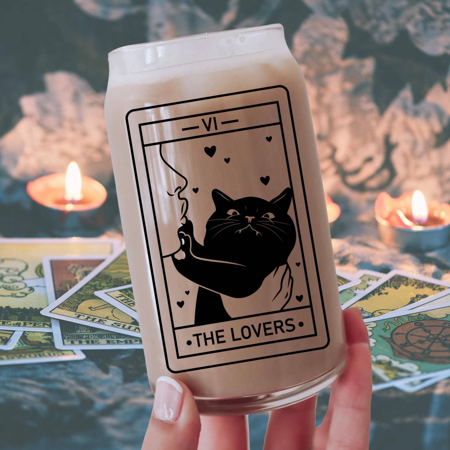 CrescentCatCo - The Lover Cat Lover Tarot Class | Witchy Cat Iced Coffee Glass | Beer can Glass with Lid and Straw | Cat Mom Gifts | Black Cat Tarot Card