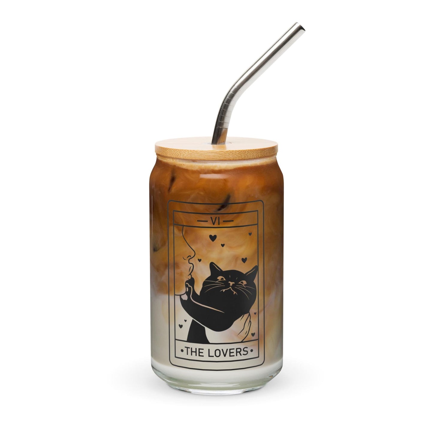 CrescentCatCo - The Lover Cat Lover Tarot Class | Witchy Cat Iced Coffee Glass | Beer can Glass with Lid and Straw | Cat Mom Gifts | Black Cat Tarot Card