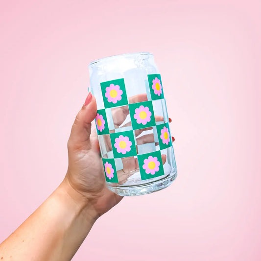 Oak Shore Collective LLC - Pink Checkered | Libbey Glass Beer Can Iced Coffee Glass The Secret Garden Bookery