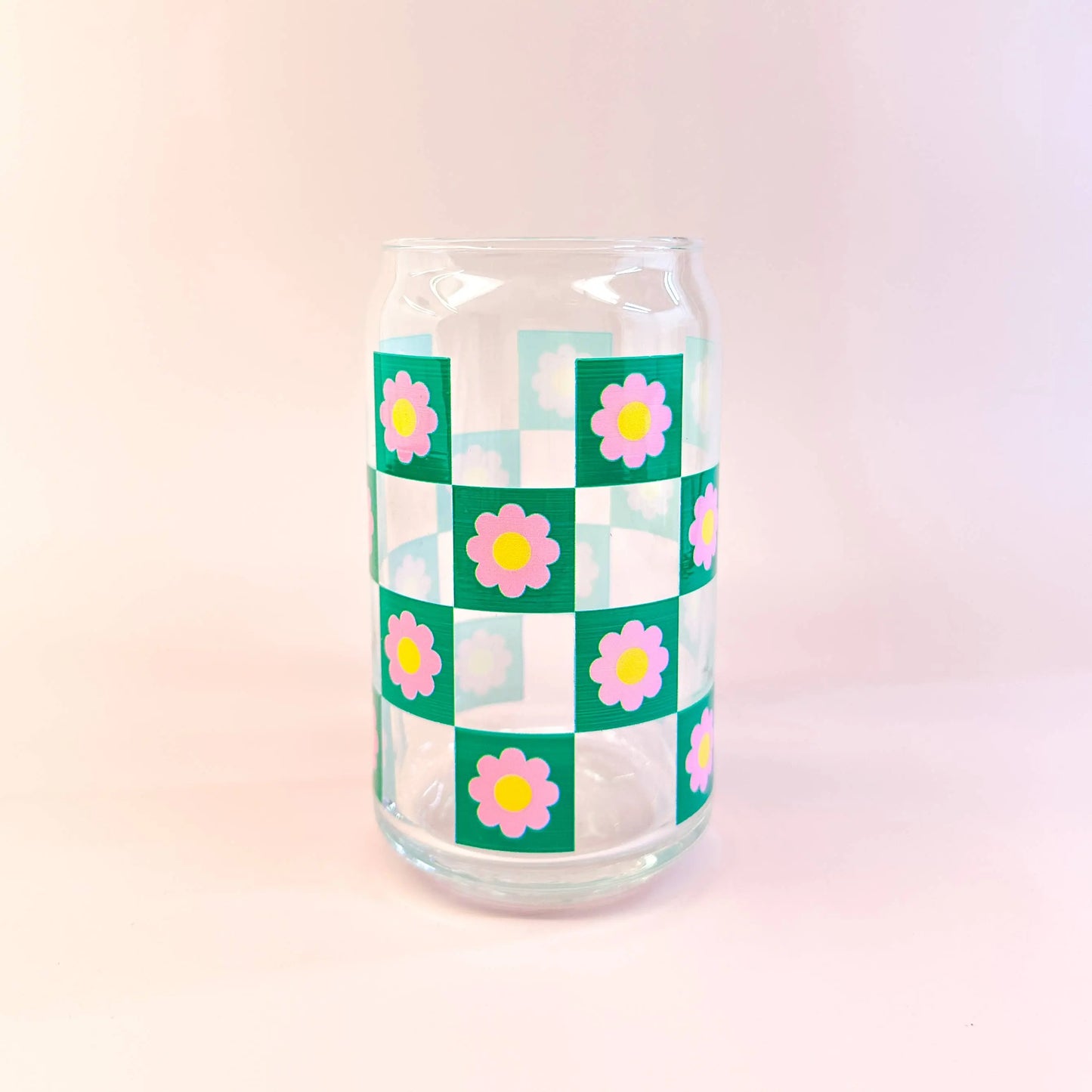 Oak Shore Collective LLC - Pink Checkered | Libbey Glass Beer Can Iced Coffee Glass The Secret Garden Bookery