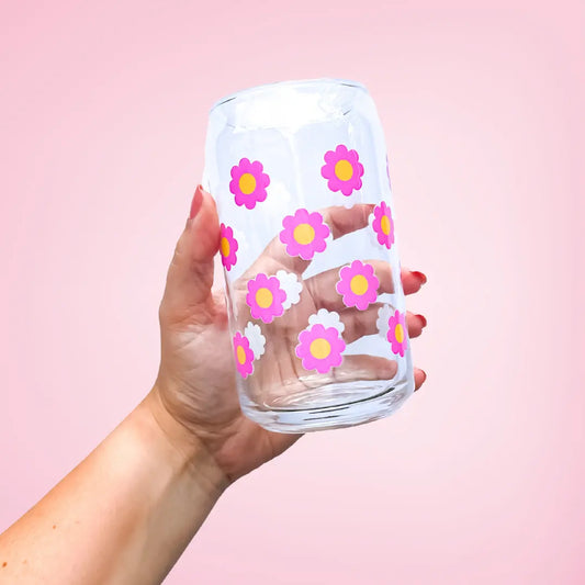 Oak Shore Collective LLC - Pink Flowers | Libbey Glass Beer Can Iced Coffee Glass The Secret Garden Bookery