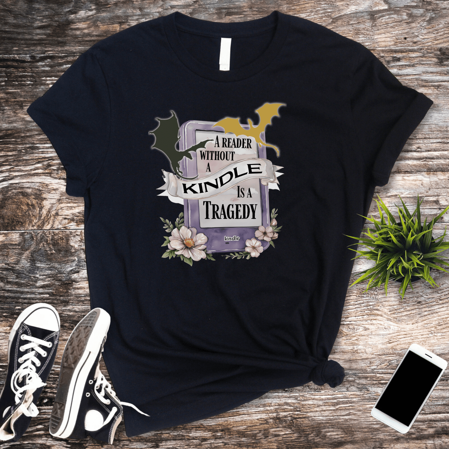 A Reader Without a Kindle Is a Tragedy T-Shirt – Fourth Wing Inspired Bookish Tee