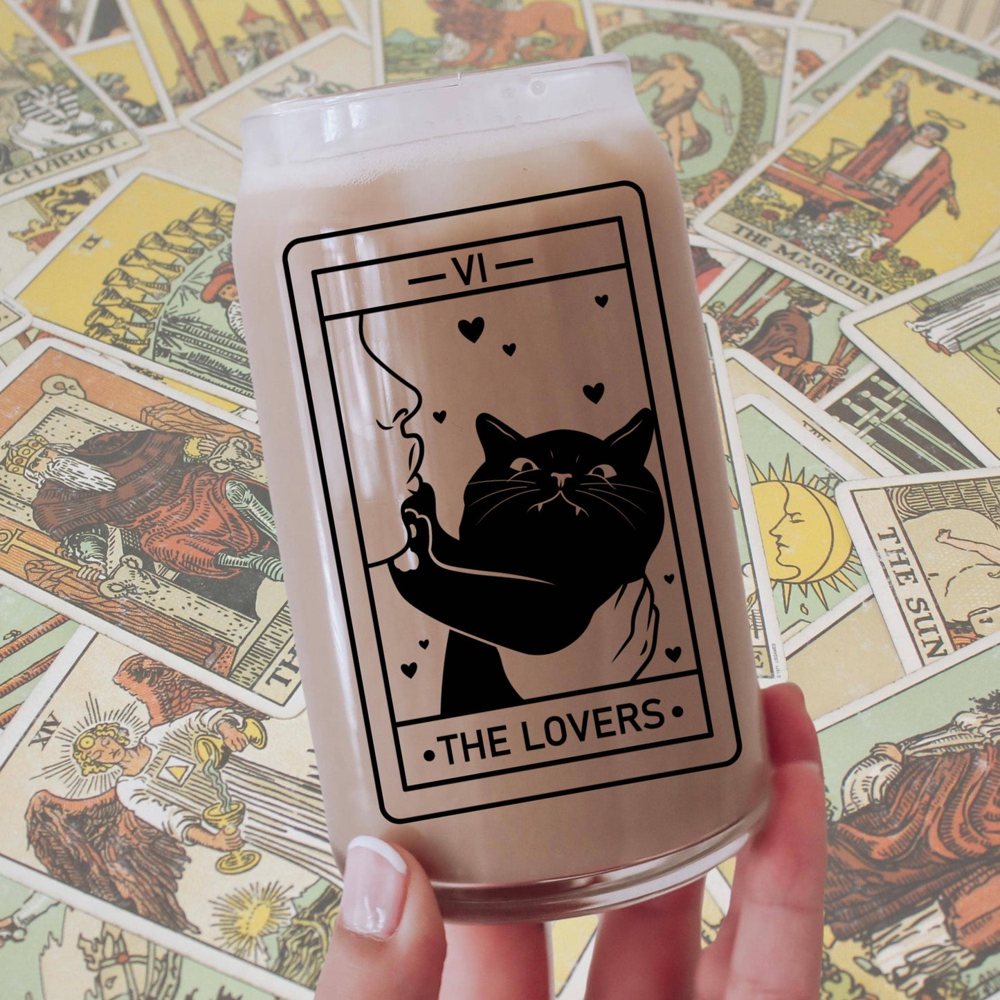 CrescentCatCo - The Lover Cat Lover Tarot Class | Witchy Cat Iced Coffee Glass | Beer can Glass with Lid and Straw | Cat Mom Gifts | Black Cat Tarot Card