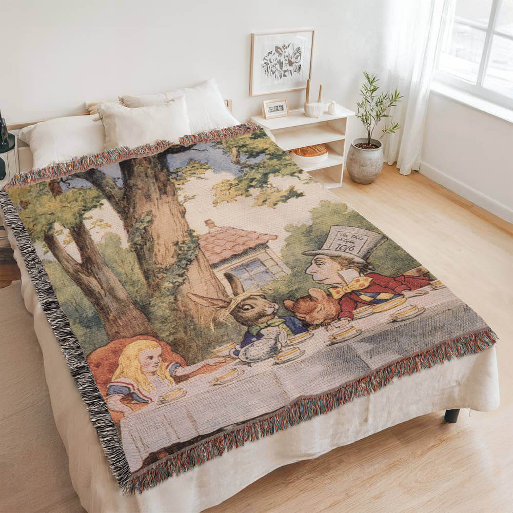 Alice in Wonderland Mad Hatter Tea Party Woven Blanket Offbeat Opulence