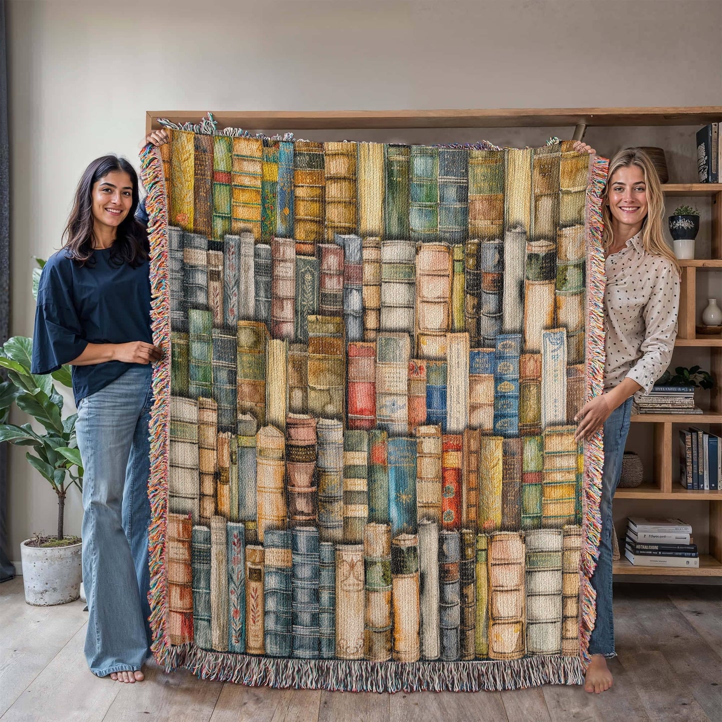 Bookshelf of Delusion & Denial Woven Throw Blanket Offbeat Opulence