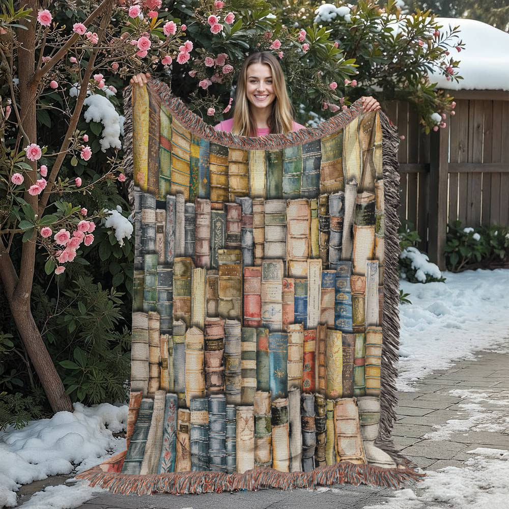 Bookshelf of Delusion & Denial Woven Throw Blanket Offbeat Opulence