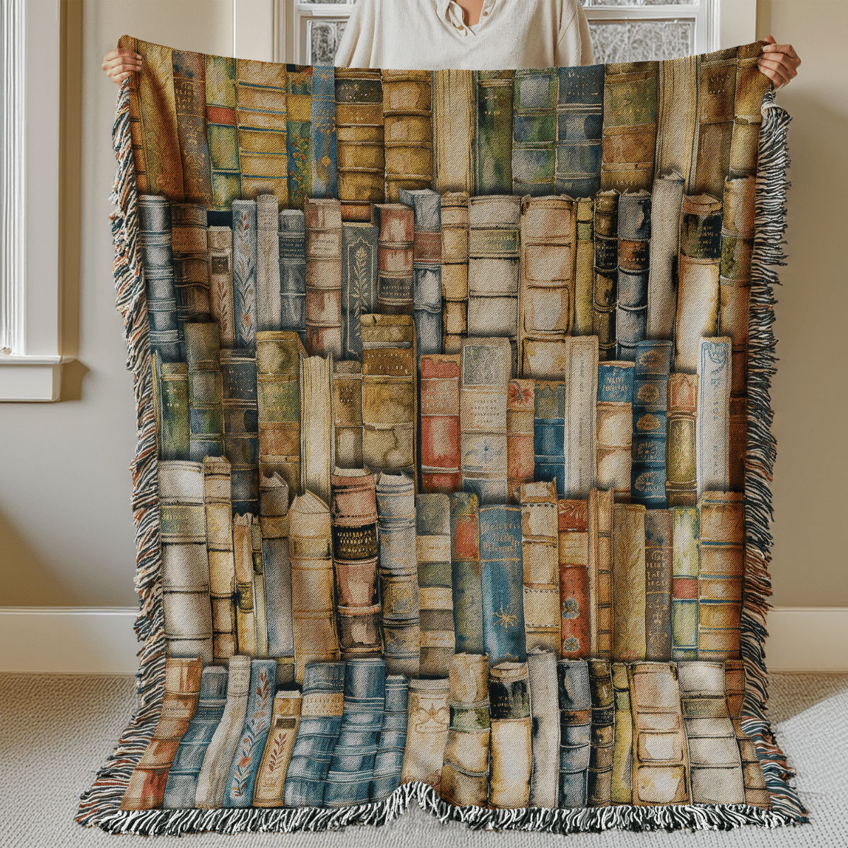 Bookshelf of Delusion & Denial Woven Throw Blanket Offbeat Opulence