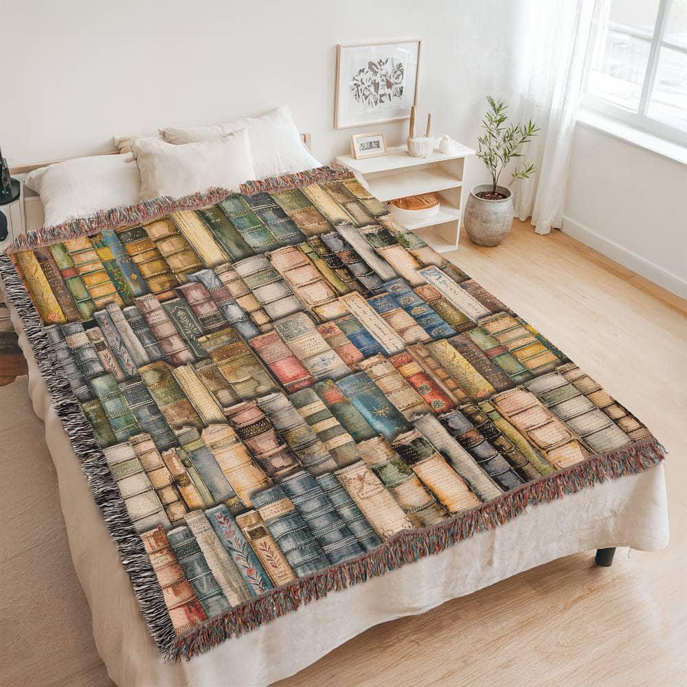 Bookshelf of Delusion & Denial Woven Throw Blanket Offbeat Opulence