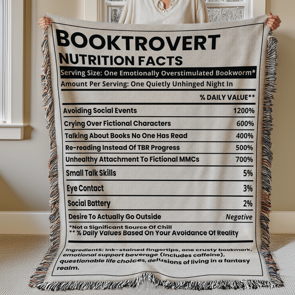 Booktrovert Nutrition Facts Woven Blanket – Quietly Unhinged & Cozy