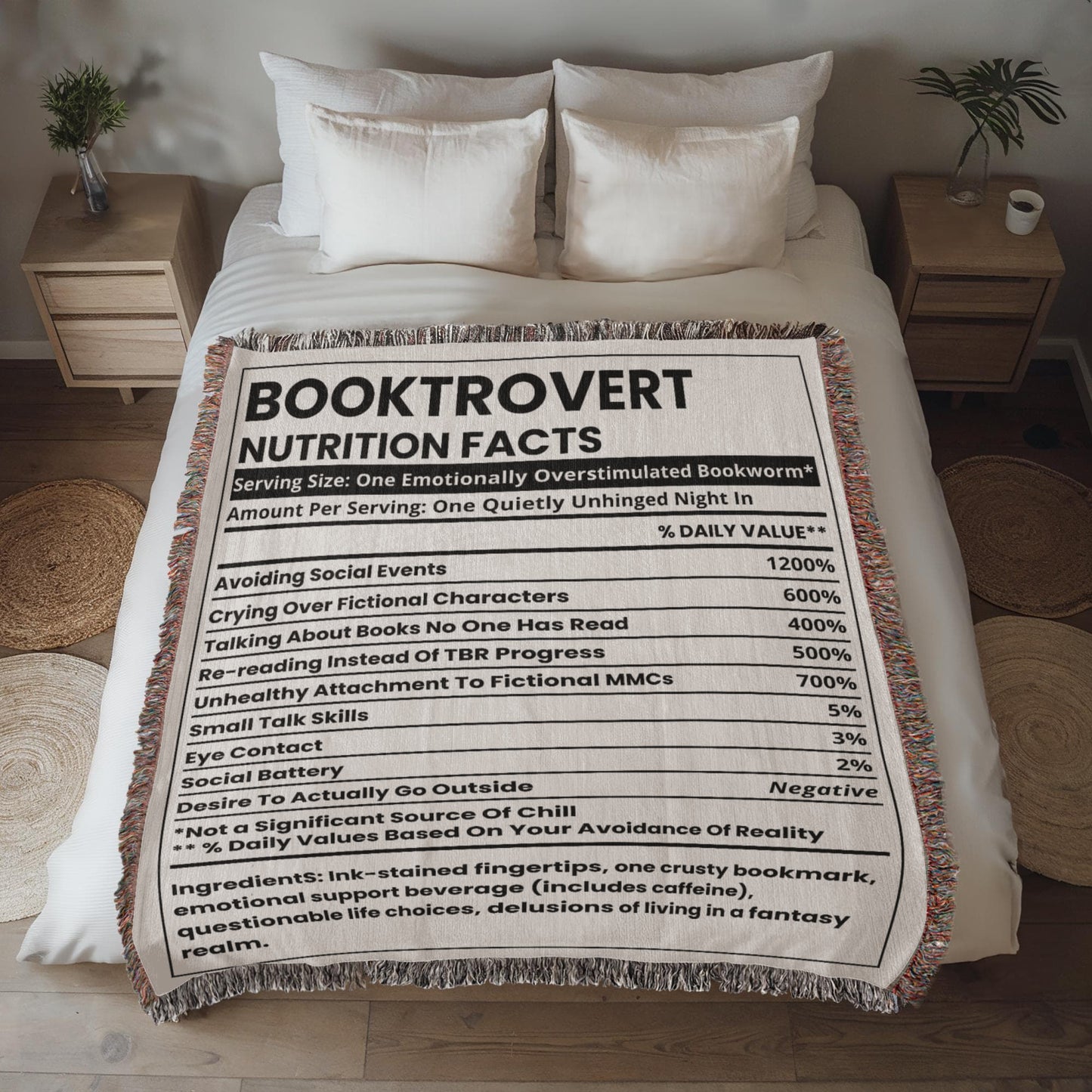 Booktrovert Nutrition Facts Woven Blanket – Quietly Unhinged & Cozy