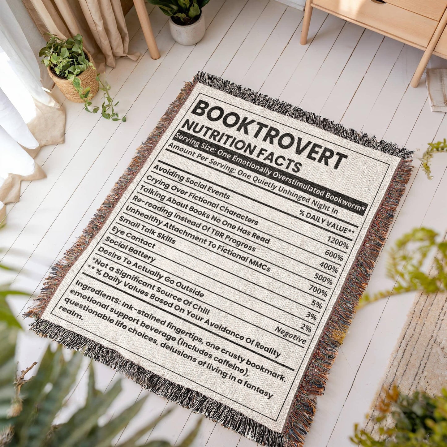 Booktrovert Nutrition Facts Woven Blanket – Quietly Unhinged & Cozy