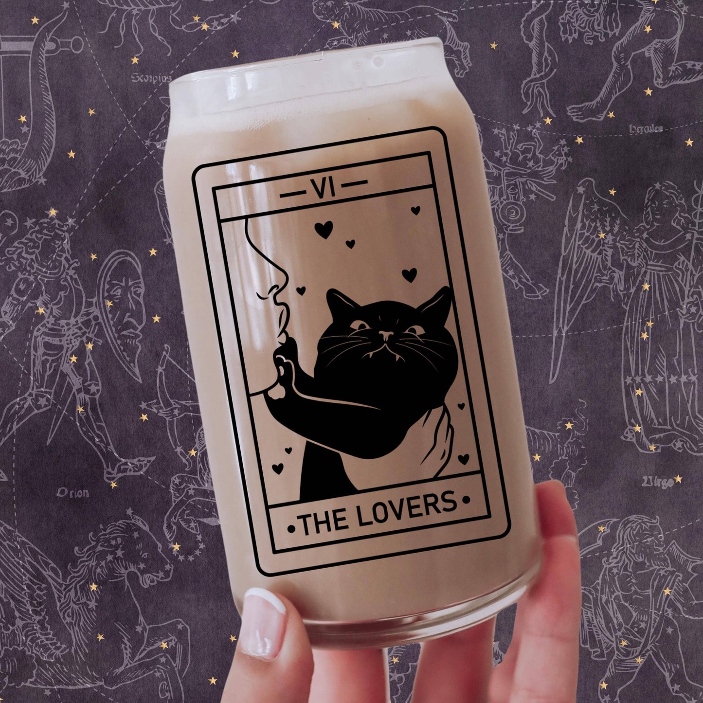 CrescentCatCo - The Lover Cat Lover Tarot Class | Witchy Cat Iced Coffee Glass | Beer can Glass with Lid and Straw | Cat Mom Gifts | Black Cat Tarot Card