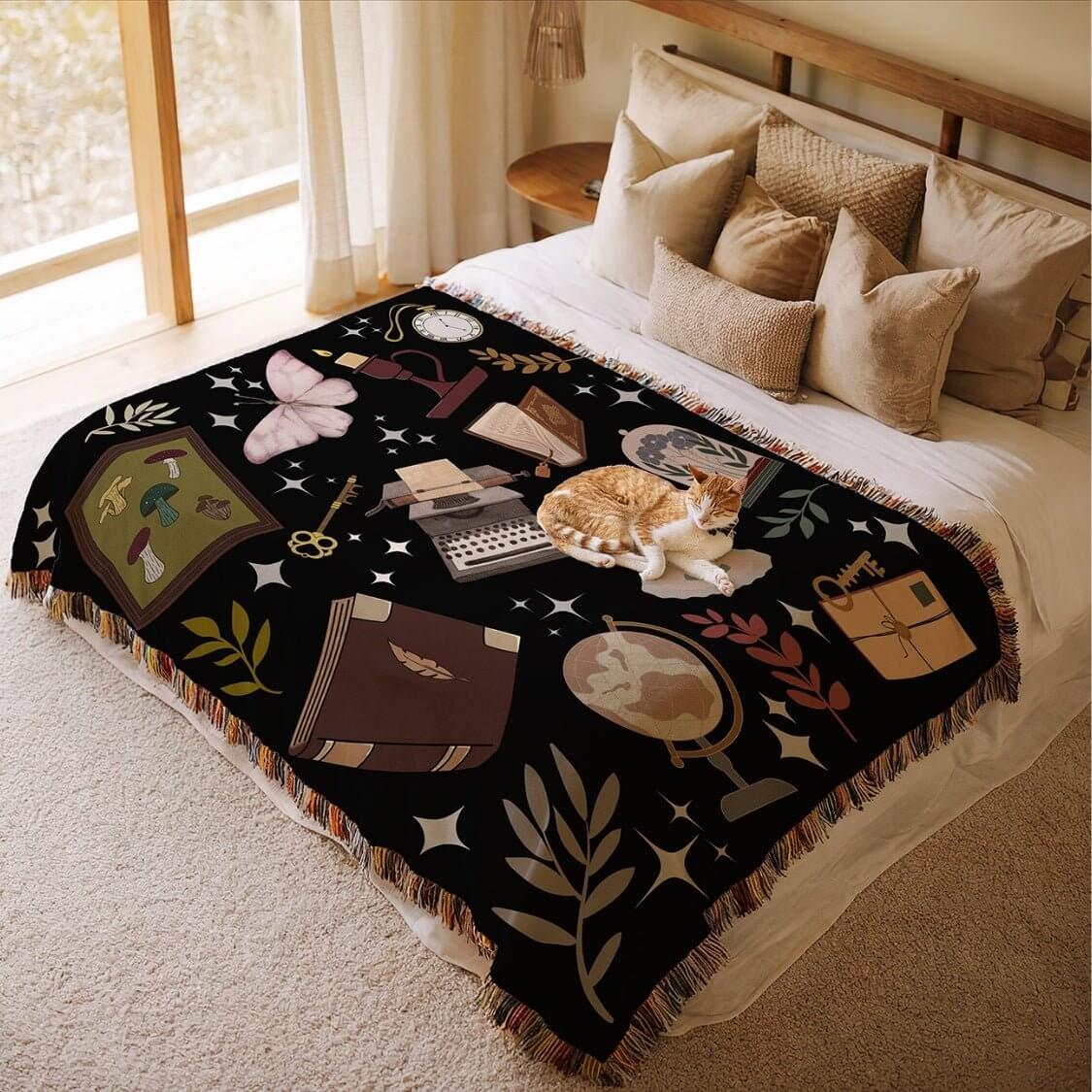 Dark Academia Woven Tapestry Blanket – A Scholar's Dream Offbeat Opulence