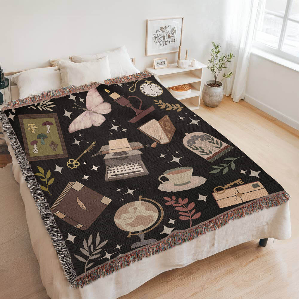 Dark Academia Woven Tapestry Blanket – A Scholar's Dream Offbeat Opulence
