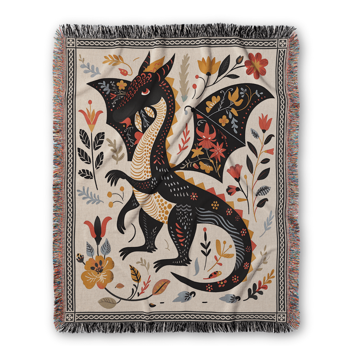 Folk Art Dragon Woven Blanket Offbeat Opulence