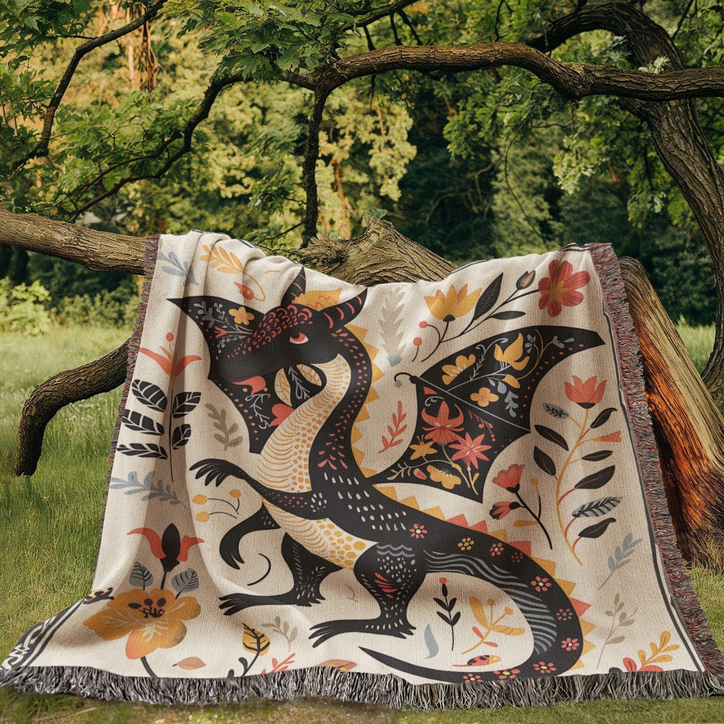 Folk Art Dragon Woven Blanket Offbeat Opulence