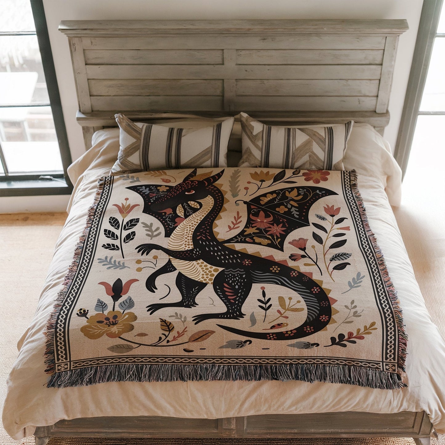 Folk Art Dragon Woven Blanket Offbeat Opulence