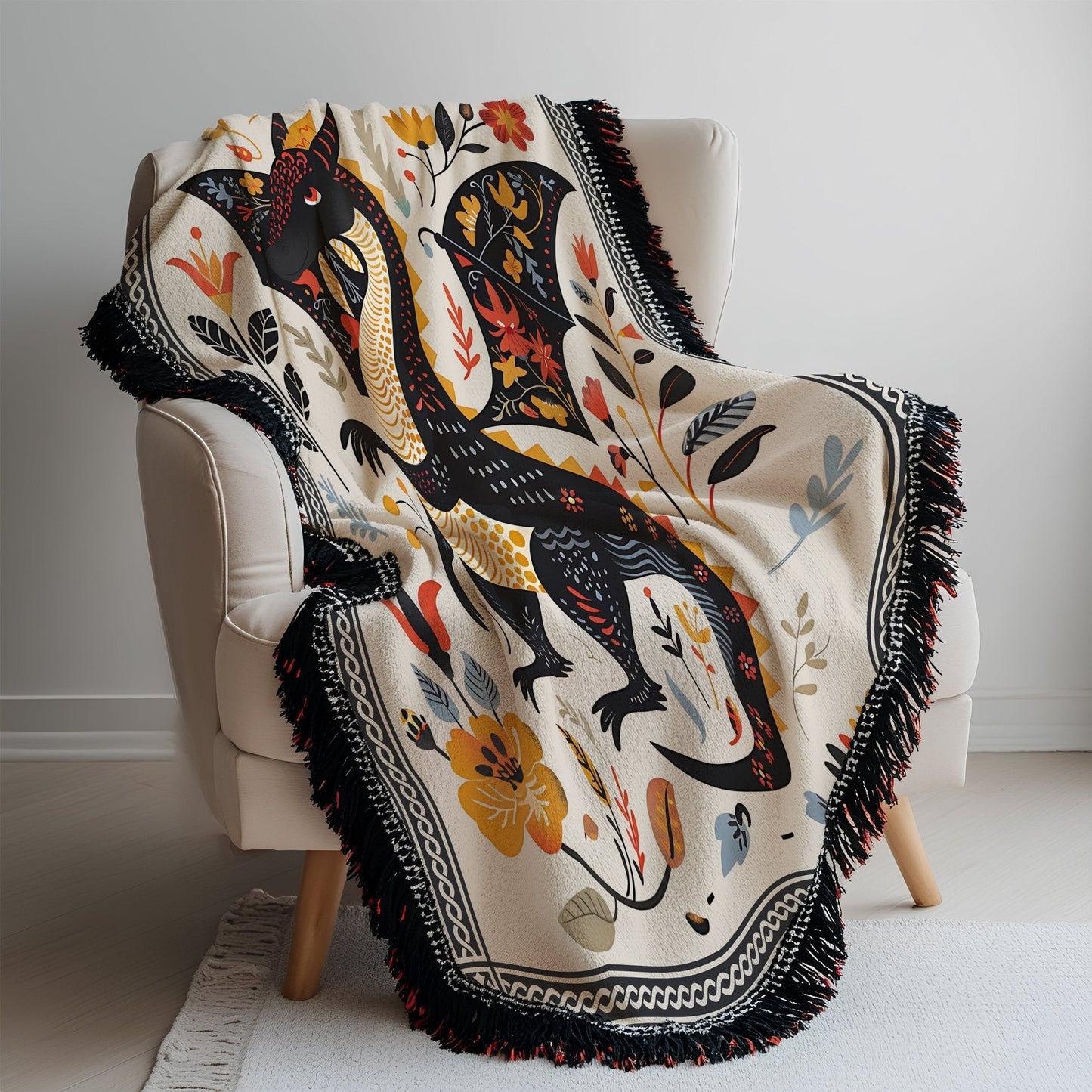 Folk Art Dragon Woven Blanket Offbeat Opulence