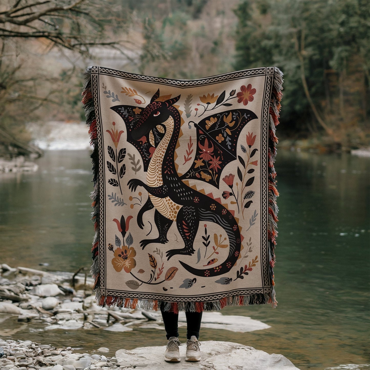 Folk Art Dragon Woven Blanket Offbeat Opulence