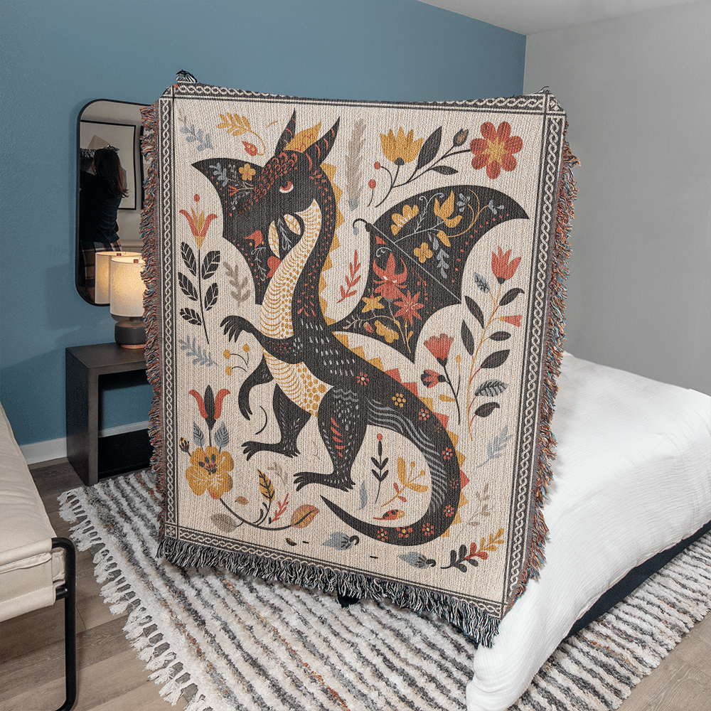 Folk Art Dragon Woven Blanket Offbeat Opulence