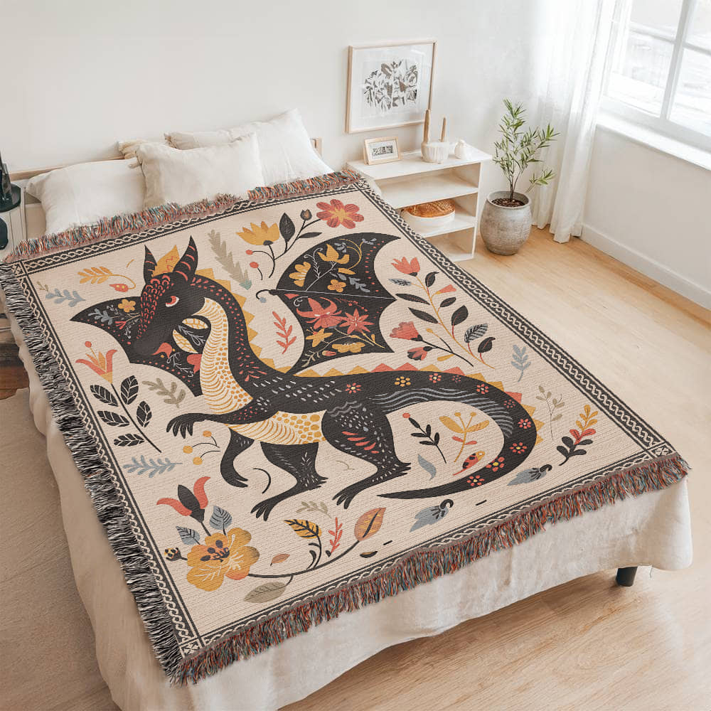 Folk Art Dragon Woven Blanket Offbeat Opulence
