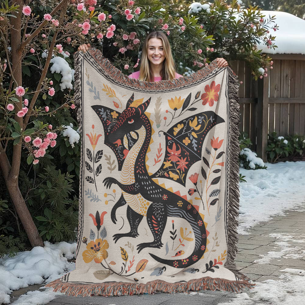 Folk Art Dragon Woven Blanket Offbeat Opulence