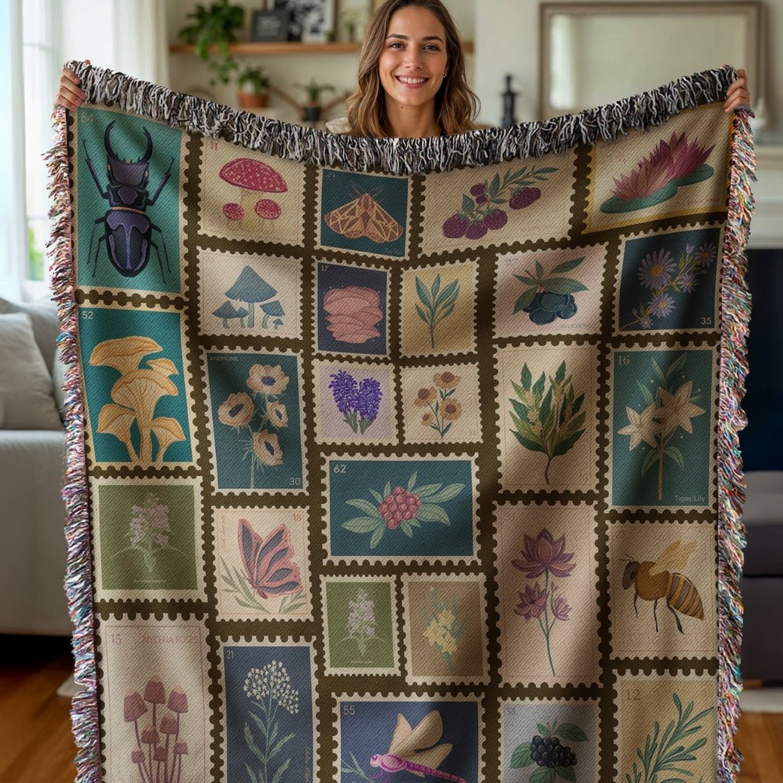 Garden Stamps Woven Blanket – A Botanical Tapestry of Nature's Wonders Offbeat Opulence