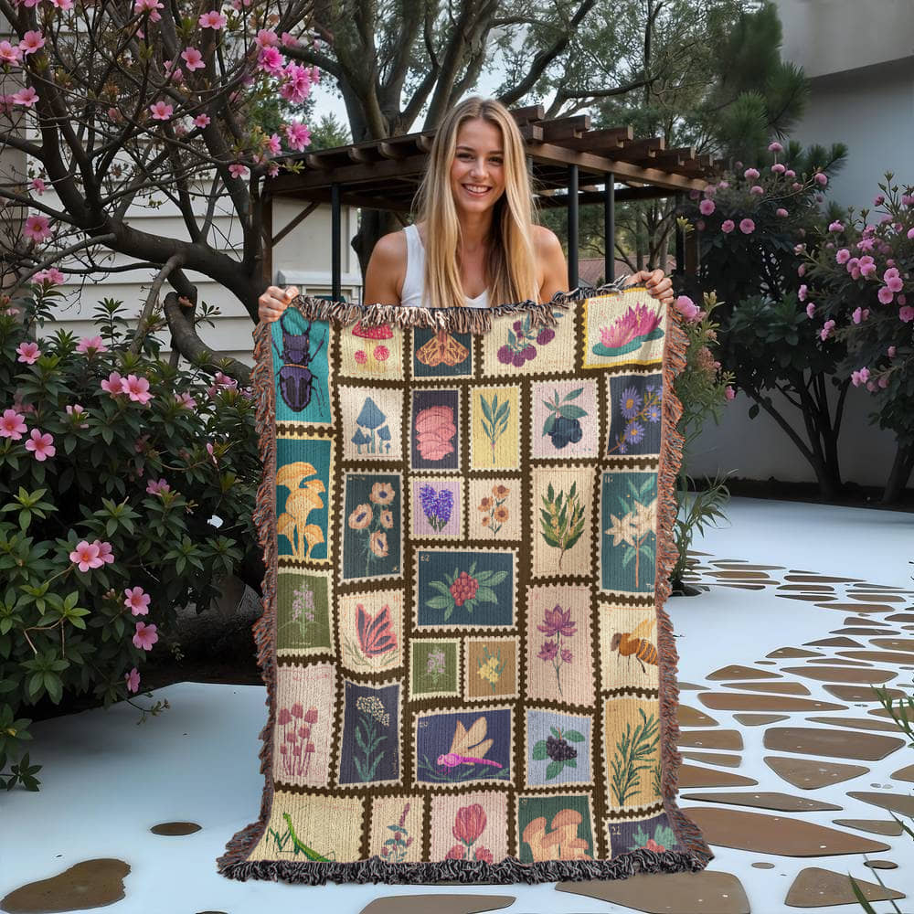 Garden Stamps Woven Blanket – A Botanical Tapestry of Nature's Wonders Offbeat Opulence