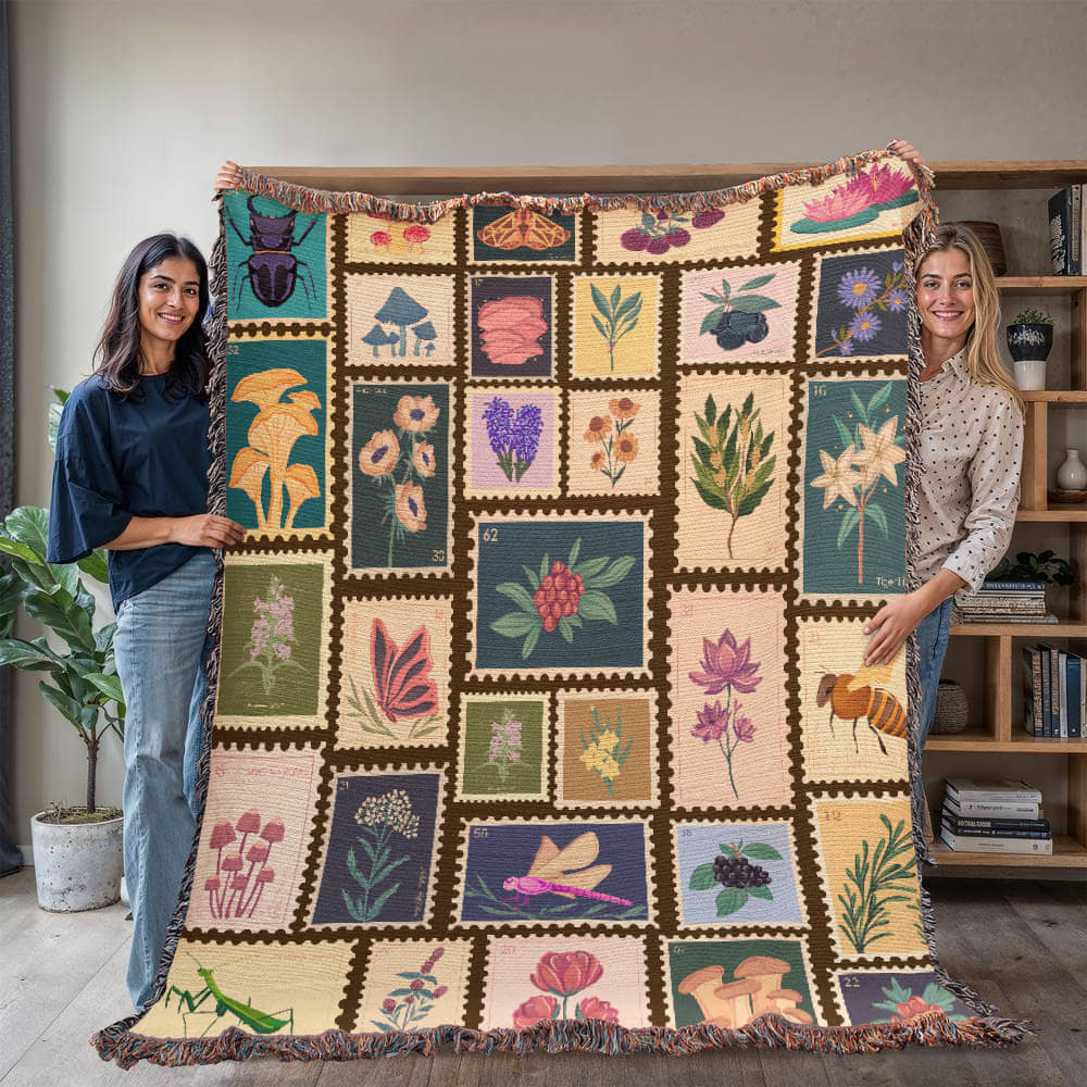 Garden Stamps Woven Blanket – A Botanical Tapestry of Nature's Wonders Offbeat Opulence