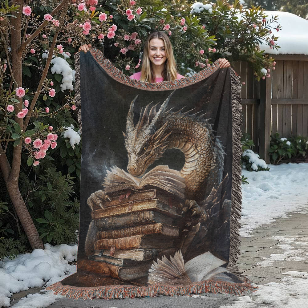 Guardian Book Dragon Woven Blanket – A Cozy Tribute to the Love of Stories Offbeat Opulence