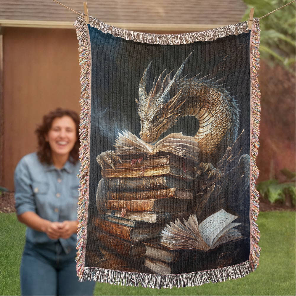 Guardian Book Dragon Woven Blanket – A Cozy Tribute to the Love of Stories Offbeat Opulence