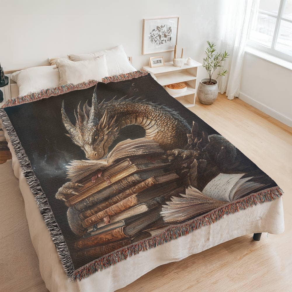 Guardian Book Dragon Woven Blanket – A Cozy Tribute to the Love of Stories Offbeat Opulence