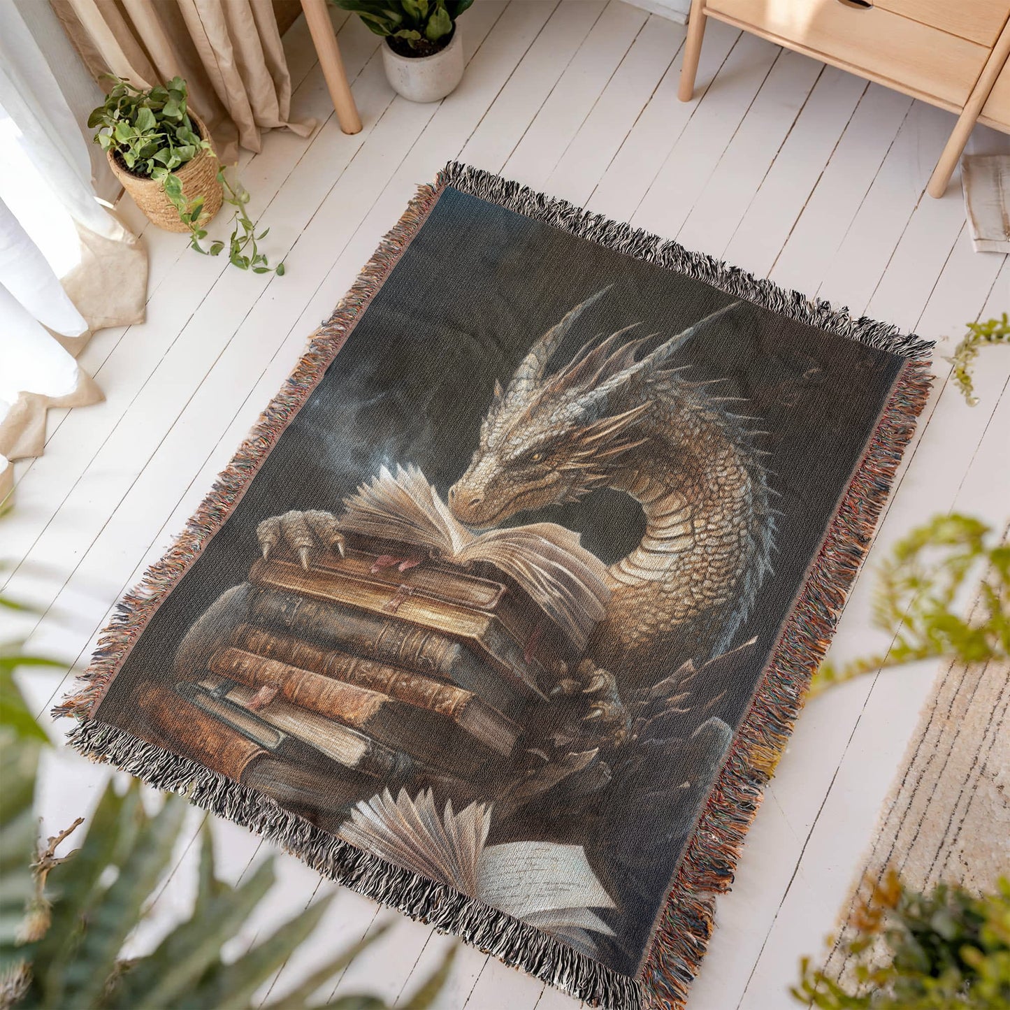 Guardian Book Dragon Woven Blanket – A Cozy Tribute to the Love of Stories Offbeat Opulence