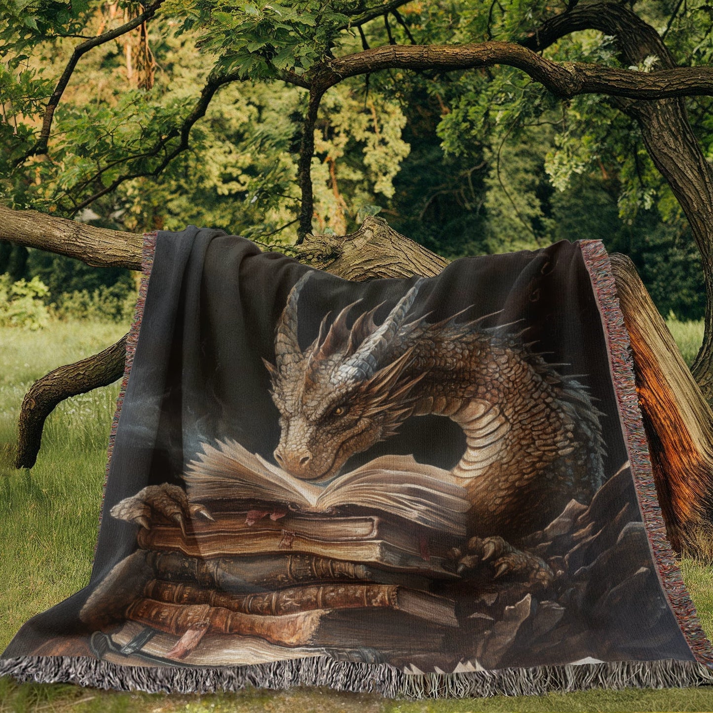 Guardian Book Dragon Woven Blanket – A Cozy Tribute to the Love of Stories Offbeat Opulence