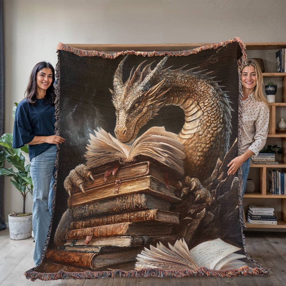 Guardian Book Dragon Woven Blanket – A Cozy Tribute to the Love of Stories Offbeat Opulence
