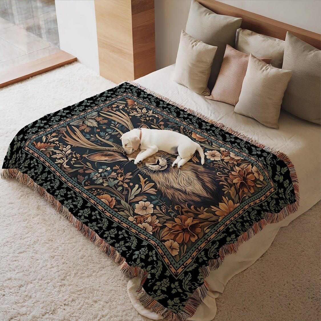 Jackalope Legend Woven Tapestry Blanket – A Mythical Masterpiece Offbeat Opulence