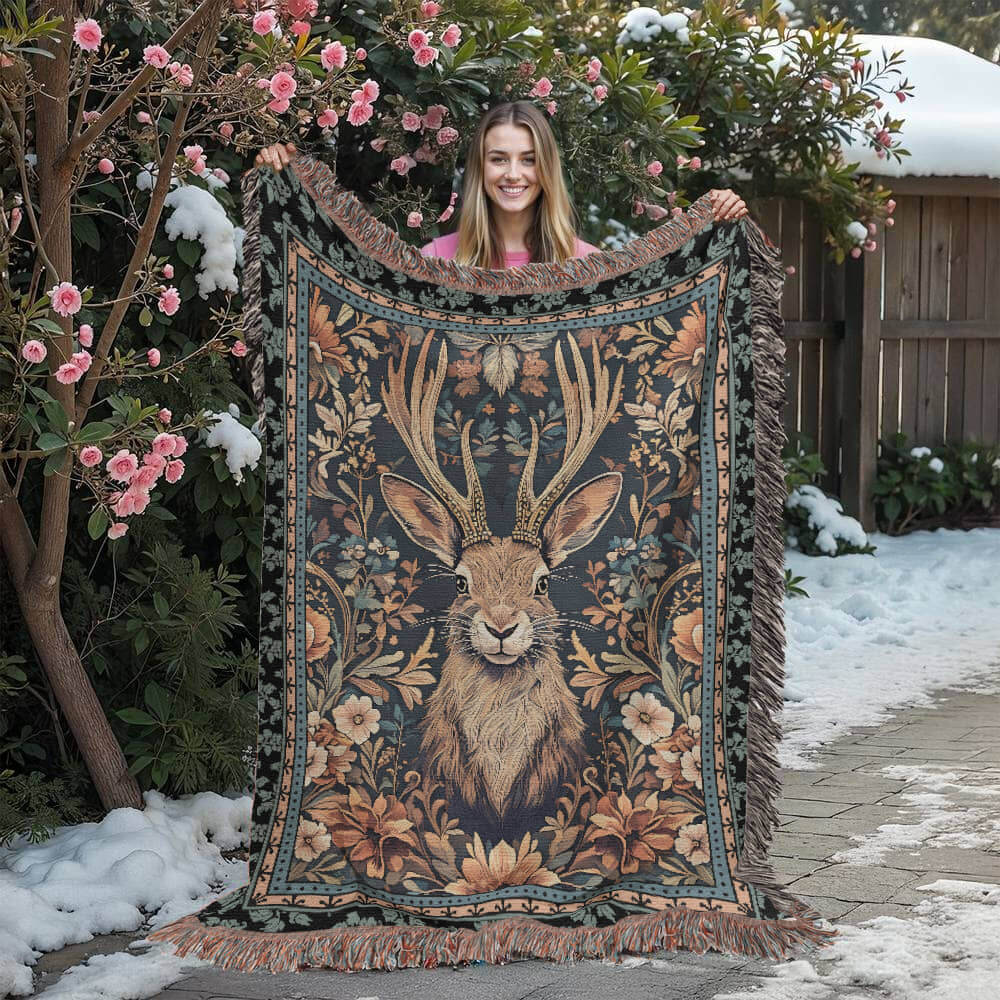Jackalope Legend Woven Tapestry Blanket – A Mythical Masterpiece Offbeat Opulence