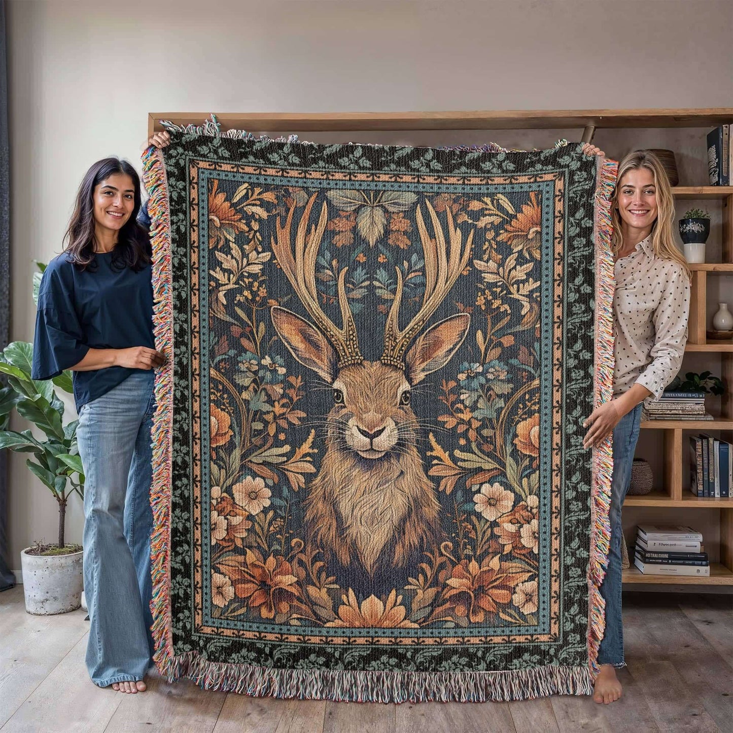 Jackalope Legend Woven Tapestry Blanket – A Mythical Masterpiece Offbeat Opulence