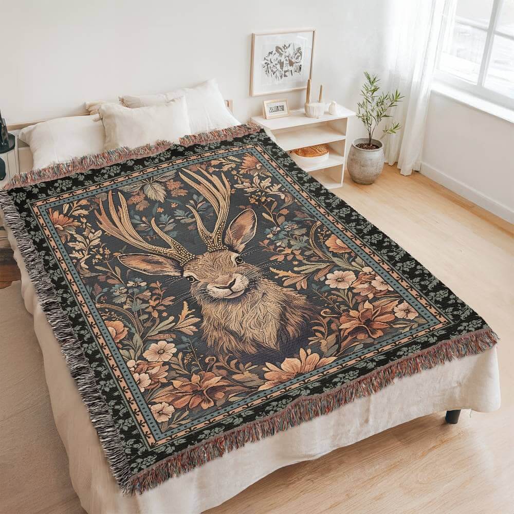 Jackalope Legend Woven Tapestry Blanket – A Mythical Masterpiece Offbeat Opulence