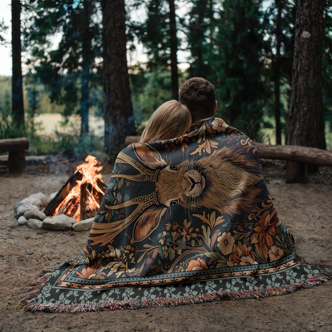 Jackalope Legend Woven Tapestry Blanket – A Mythical Masterpiece Offbeat Opulence