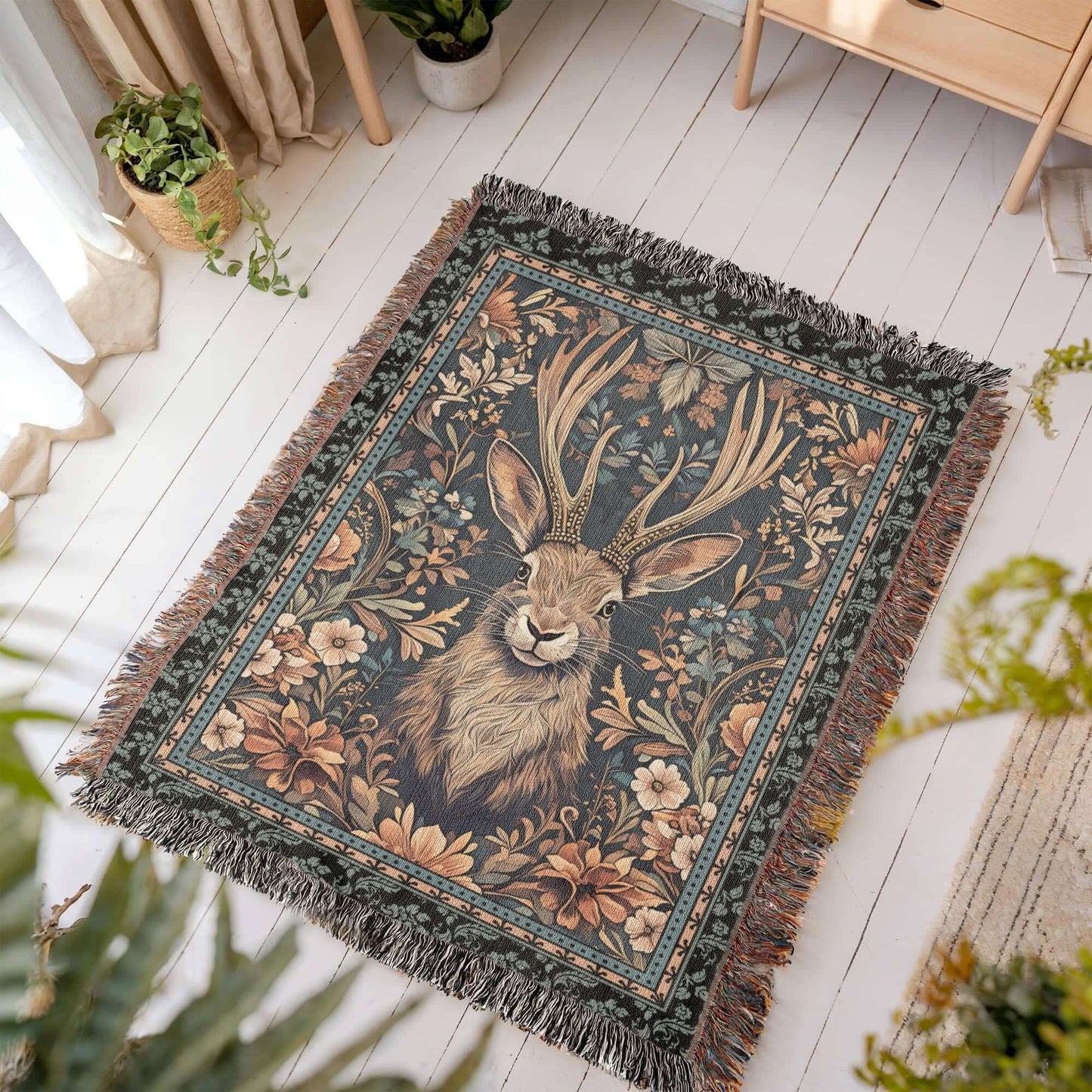 Jackalope Legend Woven Tapestry Blanket – A Mythical Masterpiece Offbeat Opulence