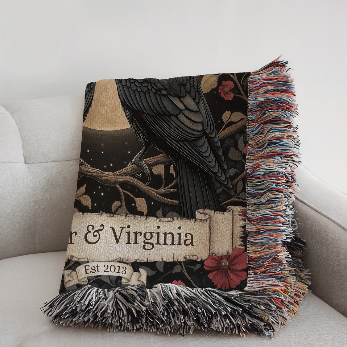 Personalized Nevermore Raven Woven Blanket – A Gothic Tribute to Eternal Love Offbeat Opulence