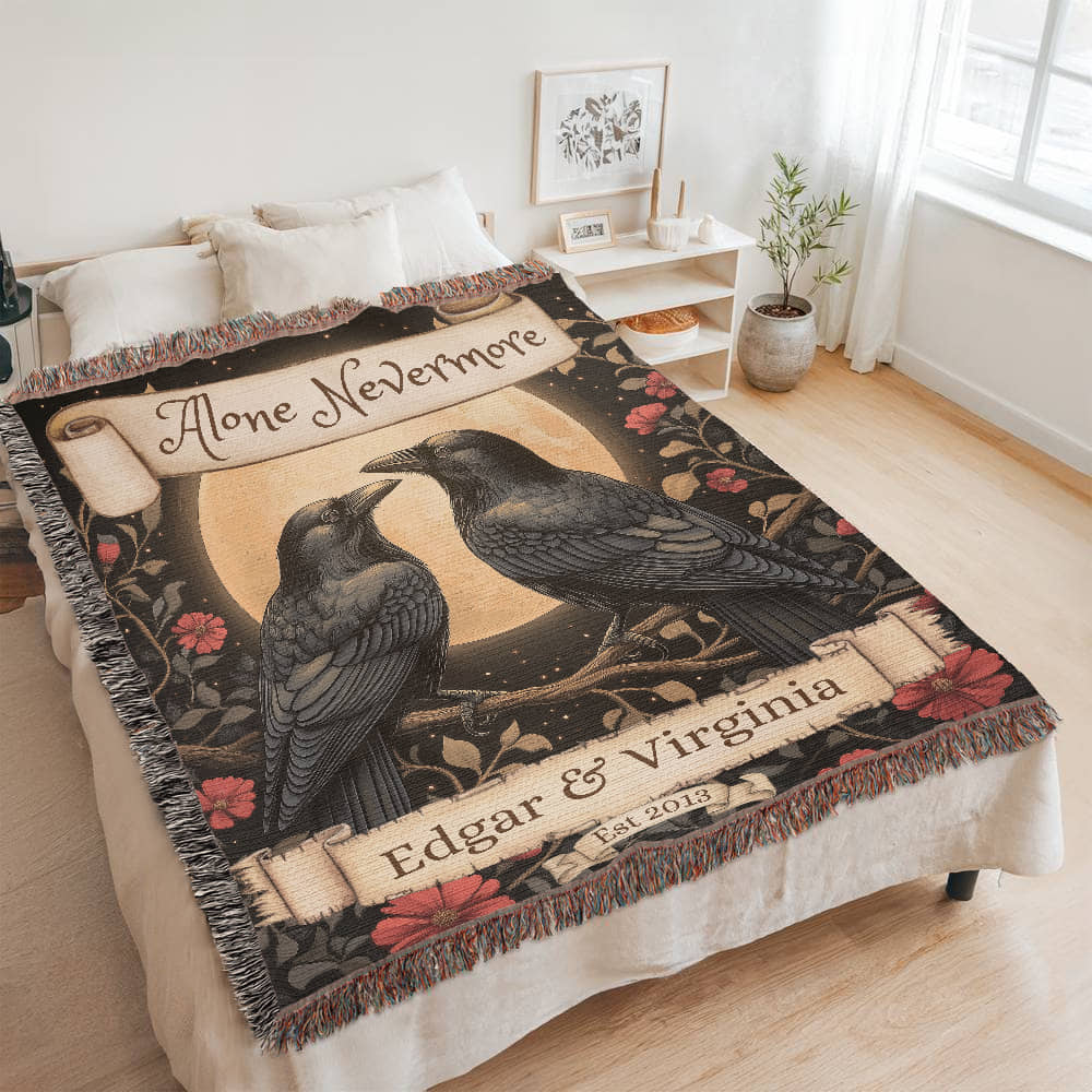 Personalized Nevermore Raven Woven Blanket – A Gothic Tribute to Eternal Love Offbeat Opulence