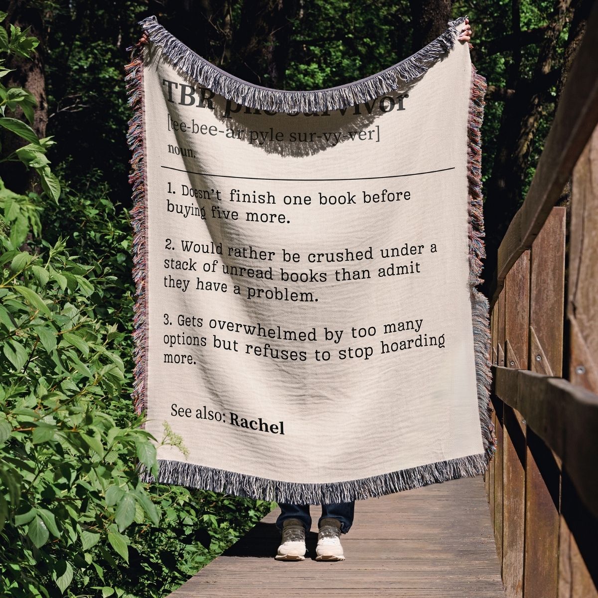Personalized TBR Pile Survivor Woven Blanket – A Cozy Tribute to Book Hoarders Offbeat Opulence