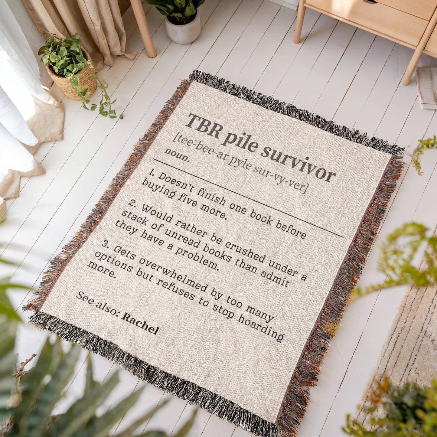 Personalized TBR Pile Survivor Woven Blanket – A Cozy Tribute to Book Hoarders Offbeat Opulence