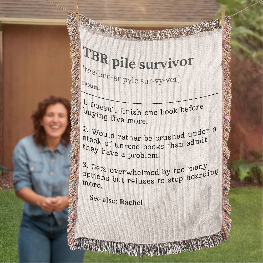 Personalized TBR Pile Survivor Woven Blanket – A Cozy Tribute to Book Hoarders Offbeat Opulence