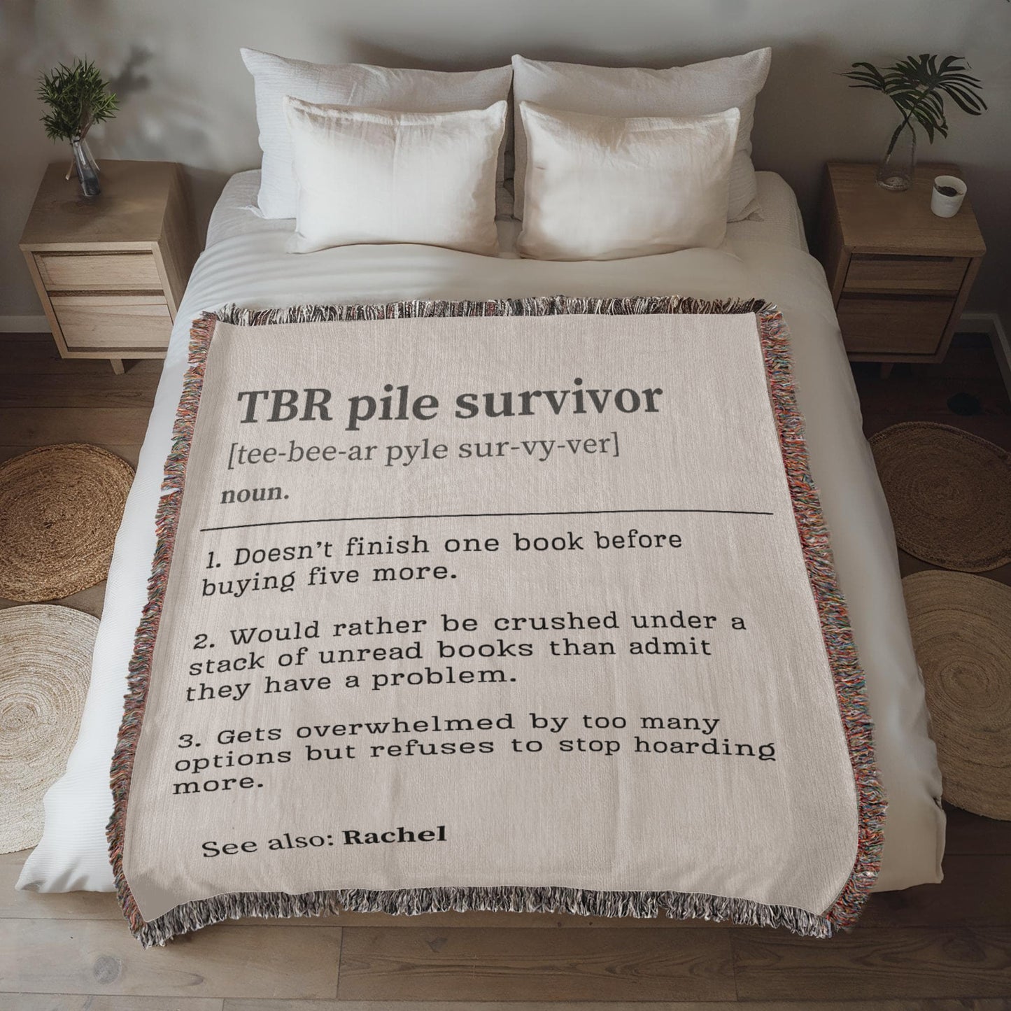 Personalized TBR Pile Survivor Woven Blanket – A Cozy Tribute to Book Hoarders Offbeat Opulence